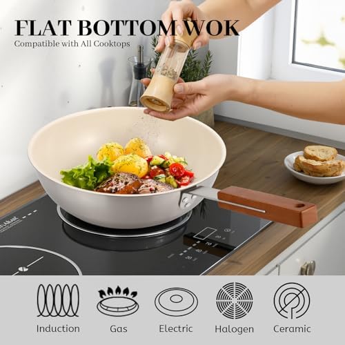 MARSKITOP Ceramic Wok with Lid, 9.5 Inch Stainless Steel Nonstick Stir Fry Pan with Wooden Handle, Compatible with All Stovetops, PFAS Free