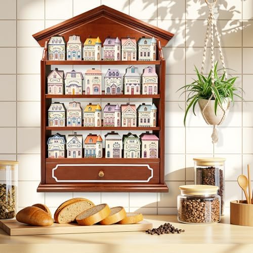 Vintage Wooden Spice Rack with Drawer and 4 Shelves