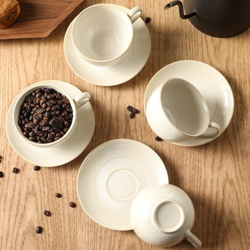 12Oz Coffee Cups with Saucers, Ceramic Cappuccino Cups Set of 4, Cappuccino Mugs Set, Tea Mugs and Saucer, Large Coffee Cup for Espresso, Latte, Microwave Dishwasher Safe Drinkware
