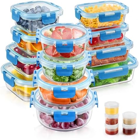 34pcs Glass Food Storage Containers with Lids Set, Airtight Glass Meal Prep Containers (17 Containers & 17 Lids), Leak Proof Lunch Container BPA-Free, Microwave, Oven, Freezer, Dishwasher Safe-Blue