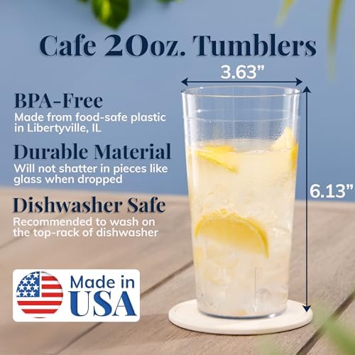 US Acrylic Cafe Plastic Reusable Tumblers (Set of 16) 20-ounce Water Cups in Clear | Value Set of Restaurant Style Drinking Glasses, Stackable, BPA-free, Made in the USA | Top-rack Dishwasher Safe