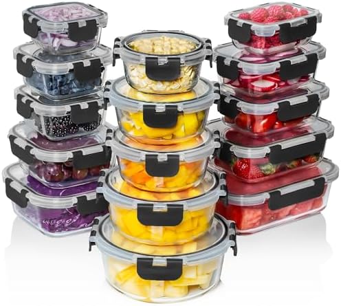 Razab 30 PC Glass Food Storage Containers with Lids - Reusable Glass Meal Prep Containers for Lunch and Leftovers - Airtight & Leakproof Snap Locking Lids - Oven, Freezer, Microwave, Dishwasher Safe