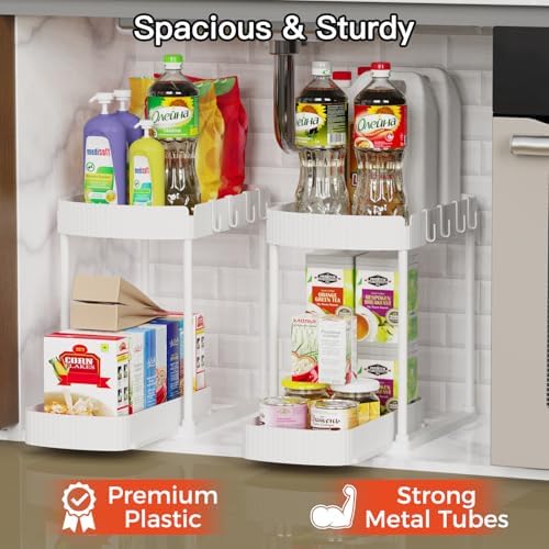 2 Packs Under Sink Pull-Out Storage Organizers, 14.8 Inches, White