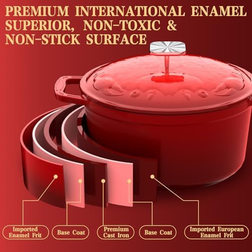 DUTZUN Enameled Cast Iron Dutch Oven - 5 Quart, Crab Lid (Patented), Oversized Knob, for Bread Baking Braiser, Cooking Stock Pot - Red