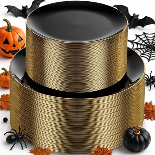 KIRE 100PCS Black and Gold Plates - Black Plastic Plates Disposable with Gold Rim Include 50Pcs 10.25inch Dinner Plate and 50Pcs 7.5inch Dessert/Salad Plate for Party/Wedding/Halloween/New Year