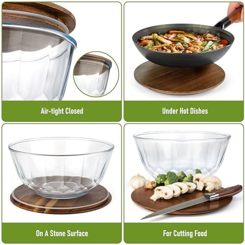 Large Stackable Glass Mixing Bowls with Acacia Lids Set of 5