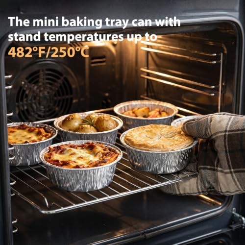50 Pack Disposable Foil Baking Pans with Lids, 5 Inch Round Aluminum Baking Cups Mini Pie Pans Oven & Air Fryer Safe Foil Tins for Dessert, Individual Pot Pie, Meal Prep Party Wedding