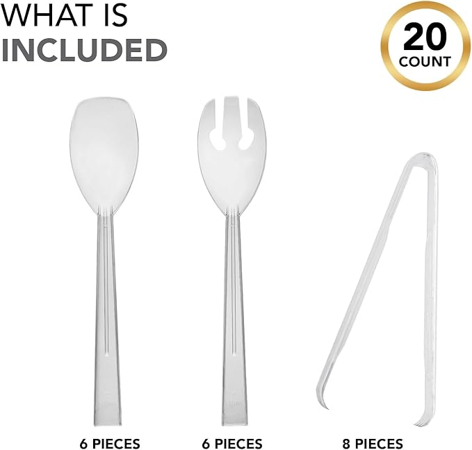 Party Essentials Plastic Party Buffet Serving Utensils Kit, Spoons/Forks/Tongs, 20-Piece, Clear