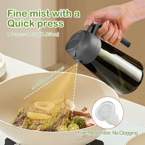 YARRAMATE 16oz/470ml Dark Green Oil Sprayer for Cooking with Stickers, Food-grade Premium 2 in 1 Olive Oil Dispenser Bottle for Kitchen Gadgets, Air Fryer, Salad, Frying, BBQ (Grey)