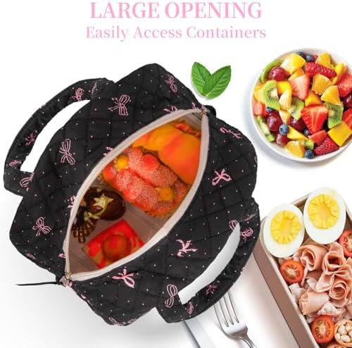 WOBAGMEN Quilted Lunch Box for Women,Coquette Aesthetic Lunch Box for Teen Girls,Cute Floral Lunch Bags for Work, School,Office,Picnic,Travel (black bow polka dots)