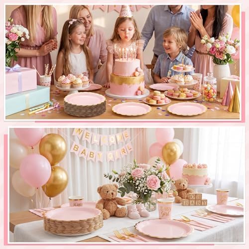NatNarr 30 Pk Pink Gold Plates 9" Disposable Scalloped Pink Paper Plates