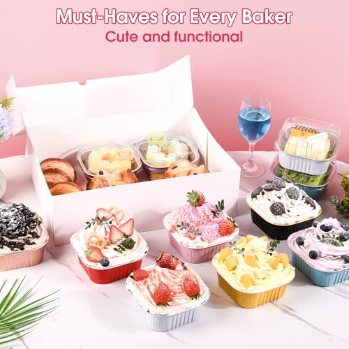 100 Pcs Mini Cake Pans with Lids, 10oz Square Aluminum Foil Brownie Baking Cups, Dessert Cupcake Cups with lids, Disposable Loaf Pans Cupcake for Wedding Birthday Party (Gold)