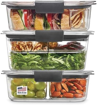 Rubbermaid Brilliance BPA-Free 3 Set Food Storage Containers with Lids, Removable Trays, Airtight, Leak-Proof, Ideal for Meal Prep, Lunch, and Leftovers