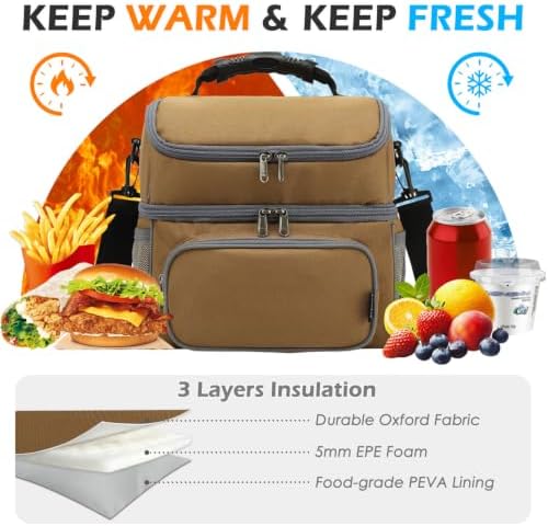 FlowFly Double Layer Cooler Insulated Lunch Bag Adult Lunch Box Large Tote Bag for Men, Women, With Adjustable Strap,Front Pocket and Dual Large Mesh Side Pockets