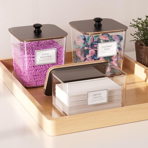 HomePekite Laundry Pods Storage Container, Clear Acrylic Laundry Room Organization and Storage ,Detergent Powder Container,with Wooden Lids & Labels, 3+1 Pack（Black）