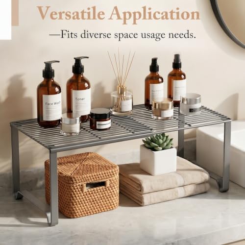 Extendable Metal Wire Shelf Organizer - Adjustable 15-24.4in Length, Stackable Storage Rack for Kitchen/Pantry/Bathroom/Shoe Cabinet/Tool Closet (Gunmetal, 4 Pack)