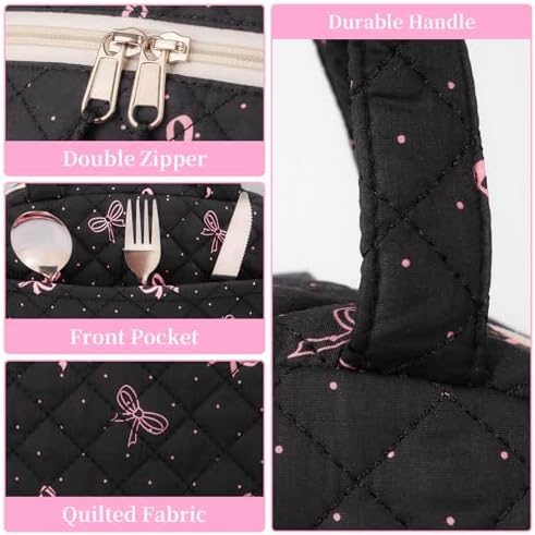 WOBAGMEN Quilted Lunch Box for Women,Coquette Aesthetic Lunch Box for Teen Girls,Cute Floral Lunch Bags for Work, School,Office,Picnic,Travel (black bow polka dots)