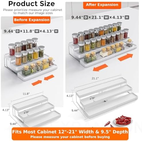 Expandable Spice Rack Organizer for Cabinet - 3 Tier Adjustable Cabinet Spice Organizer Easy Visibility - Spice Organizer for Cabinet Countertop Cupboard Pantry Organization (White)