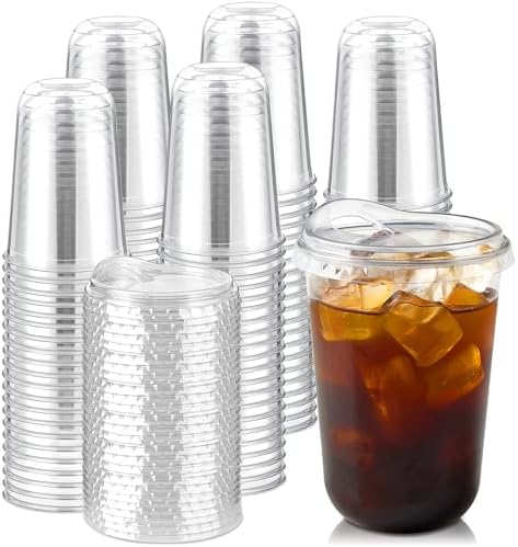 16 oz Clear Plastic Coffee Cups with Sip Lids, 100 Sets