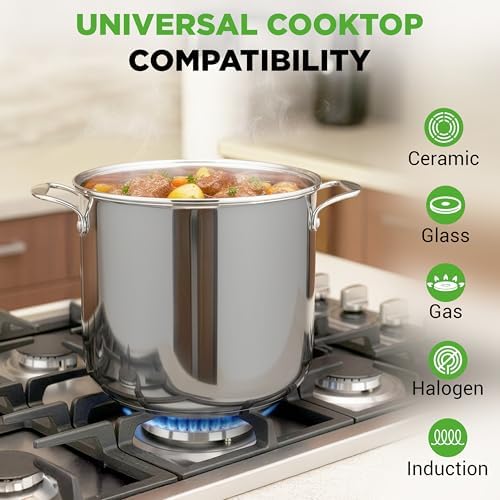 NutriChef 15-Quart Stainless Steel Stock Pot with Tempered Glass Lid - Induction Compatible Large Stockpot, Ideal for Stews & Soups, Dishwasher Safe - NCSP16