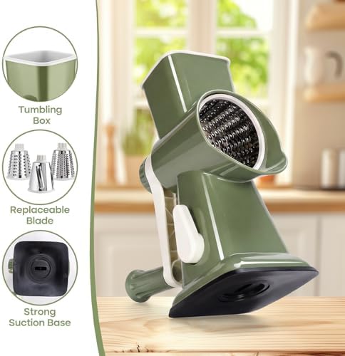 Rotary Cheese Grater, Cheese Grater Hand Crank, 3-Blade Grater
