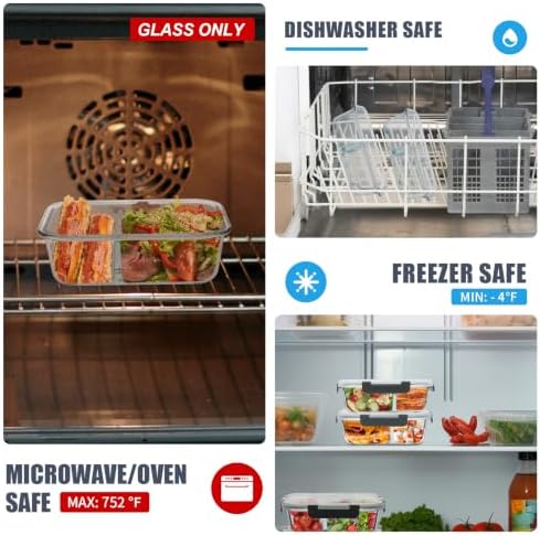2 & 3 Compartment Glass Meal Prep Containers 6 Pack, 34oz Lunch Containers