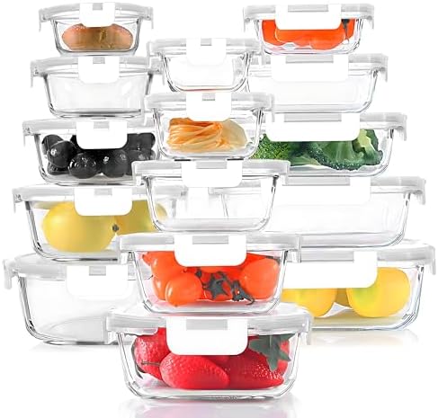 KOMUEE 30 Pieces Glass Food Storage Containers Set, White