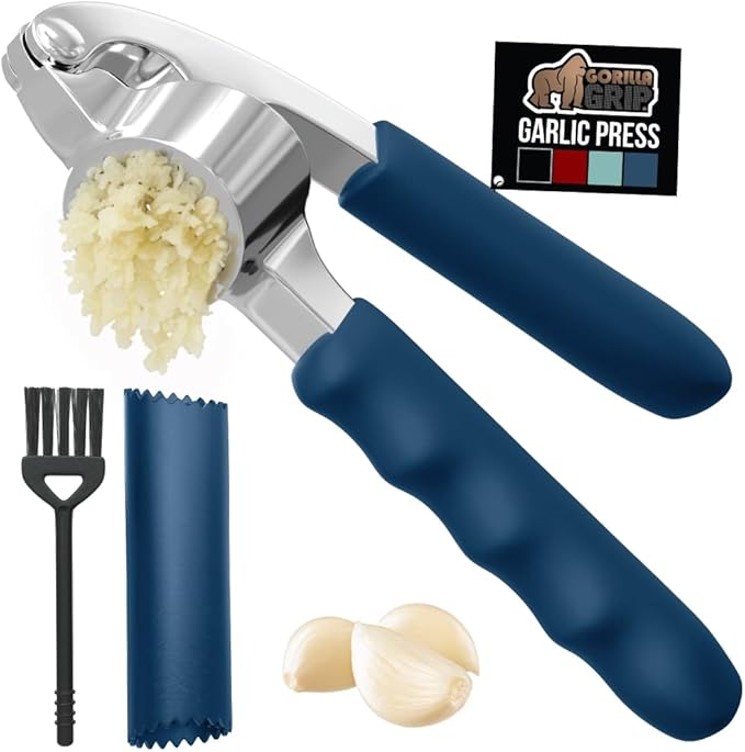 GORILLA GRIP Garlic Press and Peel Set, Heavy Duty Mincer Tool, Large Ergonomic Handle, Easily Mince and Crush Garlics, Ginger, Nuts, Seeds, Peeler Included for Peeling Cloves, Kitchen Gadgets, Blue