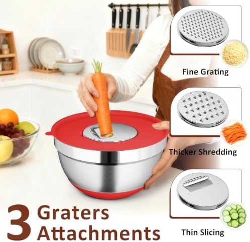 9 Pack Mixing Bowls with Airtight Lids & Grater Attachments, Red
