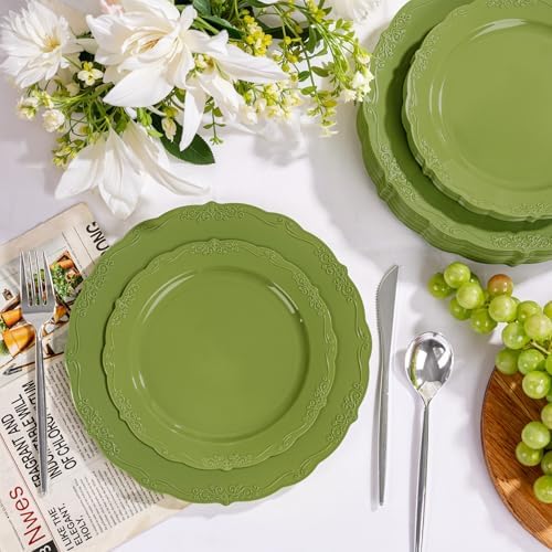 U-QE 100PCS Olive Green Plastic Plates - Plastic Green Plates Disposable