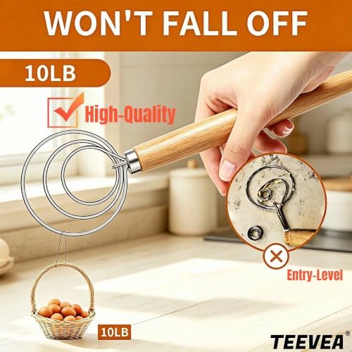 TEEVEA Danish Dough Whisk Wooden Handle Stainless Steel for Sourdough Bread