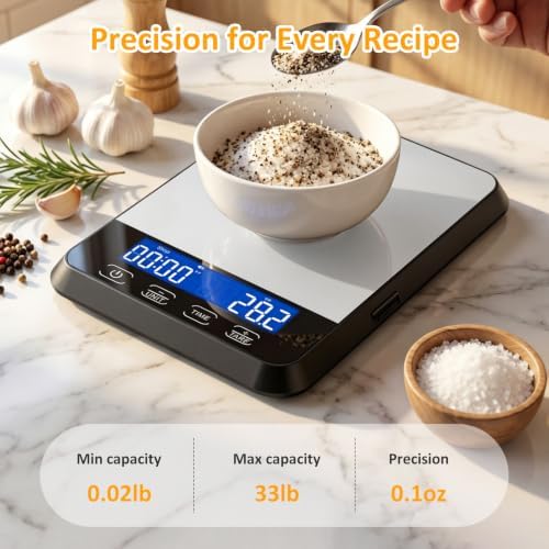 Letron Food Scale, 33 lb / 0.1 oz High Precision Kitchen Scale for Sourdough Bread, Built-in 7 Units, Timing & Tare Function, Rechargeable Digital Kitchen Scale for Food, Baking, Cooking, White