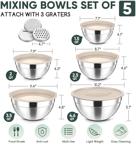 Herogo 5-Piece Nesting Mixing Bowls with Lids, 3 Grater Attachments, Khaki
