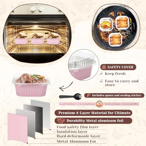 YQER 60 Pack 10oz Mini Cake Pans with Lids, Spoons, Stickers - Disposable Square Brownie Baking Cups - Individual Small Aluminum Foil Loaf Tins for Muffin, Ramekins, Cupcake - Catering, Gift, Pink