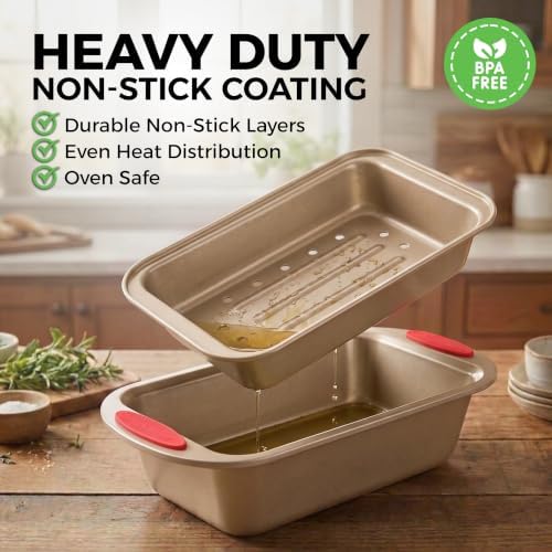 PERLLI Nonstick Meatloaf Pan with Drain Tray, Elevated Inner Pan for Fat and Grease Removal, Easy Grip Silicone Handles, Dishwasher Safe with Heavy-Duty Carbon Steel Bakeware for Even Heating (Brown)