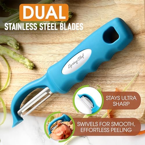 Spring Chef Swivel Vegetable Peeler for Kitchen w/Soft Grip Handle, Teal