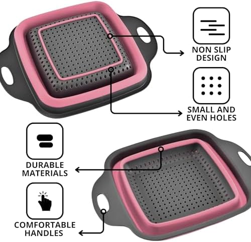 Pink Silicone Food Colander Kitchen – Small Collapsible Strainer with Handle Collapsable Strainer Kitchen Foldable Colander for Pasta Spaghetti Fruit Vegetable