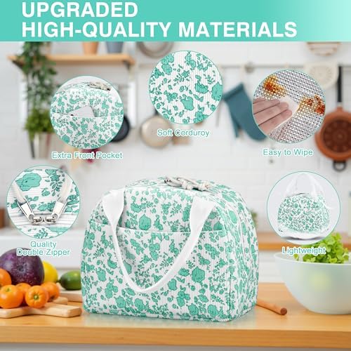 TESAFNG Lunch Bag - Insulated Lunch Box for Women, Reusable Large Capacity Cooler Bag for Adult, Small Leakproof Cute Corduroy Lunch Tote for Work Office Travel Picnic (Corduroy Teal-Flower)