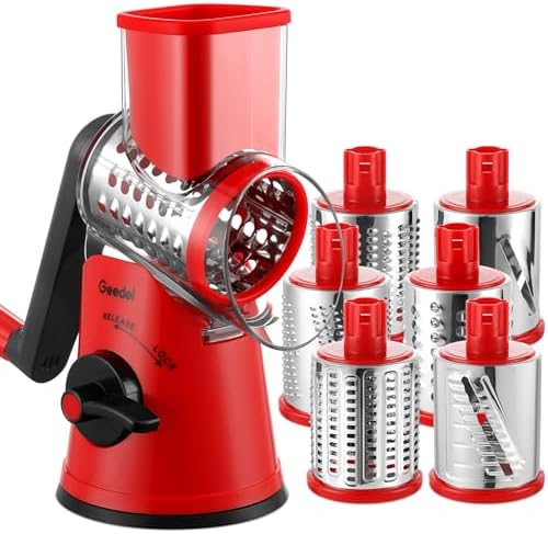 Geedel Rotary Cheese Grater Vegetable Shredder With 6 Interchangeable Blades No Slip Suction Base, Mandoline Slicer & Food Chopper for Cheese, Ice, Nuts, Vegetables, Veggie