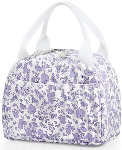TESAFNG Lunch Bag - Insulated Lunch Box for Women, Reusable Large Capacity Cooler Bag for Adult, Small Leakproof Cute Corduroy Lunch Tote for Work Office Travel Picnic (Corduroy Purple-Flower)