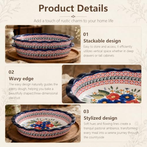 Ceramic Pie Pan for Baking, 10.6 inch Hand-Painted Pie Plate for Cooking, 37 oz Deep Dish Pie Pans, Non-Stick Pie Dishes for Apple Pie, Tart, Pizza, Quiche, Oven & Dishwasher Safe, Lead-Free, White