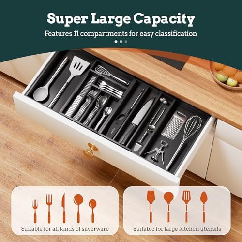 Bamboo Expandable Silverware Drawer Organizer 11 Slots Utensil Holder Black