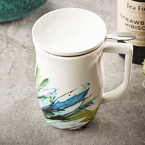 Tea Forte Ceramic Fiore Tea Cup with Infuser, Blue Agave, 14 oz