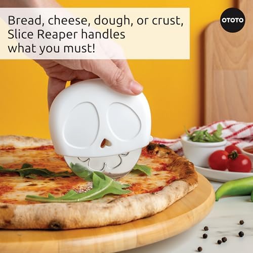 NEW - OTOTO Slice Reaper Pizza Cutter Wheel - Funny Gifts, Grim Reaper Halloween Gifts Cute Kitchen Accessories, Pizza Slicer with Cover, Kitchen Gothic Spooky Gifts, Stainless Steel Handheld (Skull)