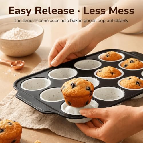 2 Pack Silicone Muffin Pans for Baking, 12-Cup Muffin Tin with Metal Frame