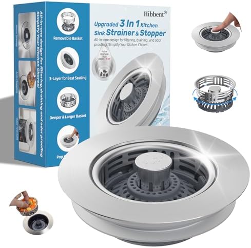 Hibbent 3 in 1 Kitchen Sink Drain Strainer, Metal Pop Up Stopper