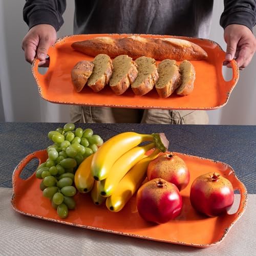 Melamine Serving Tray with Handles, 19“ x 12" Vintage Rustic Large Rectangular Melamine Serving Platter for Serving Food, Breakfast Tray, Set of 2, Dishwasher Safe, Orange
