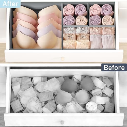 DIMJ Drawer Organizer Clothes, 28 Pack Dresser Organizer, Foldable Closet Organizers and Storage, Fabric Dresser Bins, Drawer Dividers for Nursery, Baby Clothes, Underwears, Sock,Gray