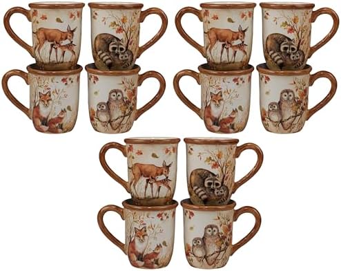 Pine Forest 16 oz. Woodland Ceramic Mugs,bAutumn Wildlife Coffee Cups with Fox, Owl, Deer & Raccoon – Great for Hot Chocolate, Tea, Pumpkin Spice, Fall Gifts, and Cozy Cabin Vibes (Pack of 12)