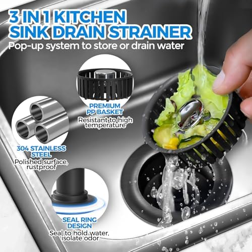 zaa 3 in 1 Kitchen Sink Drain Strainer Stopper Removable Basket Pop-Up